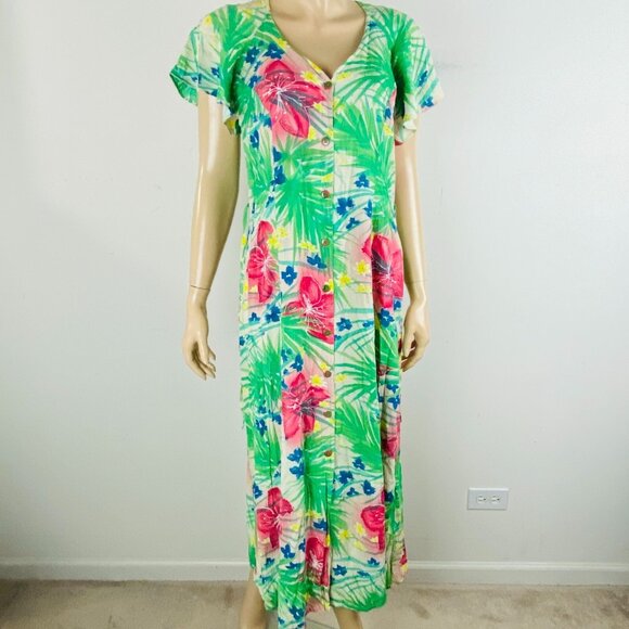 Jams World Button Down Tie Back Women's Size M Midi Dress Leaf & Floral Print - Picture 1 of 11